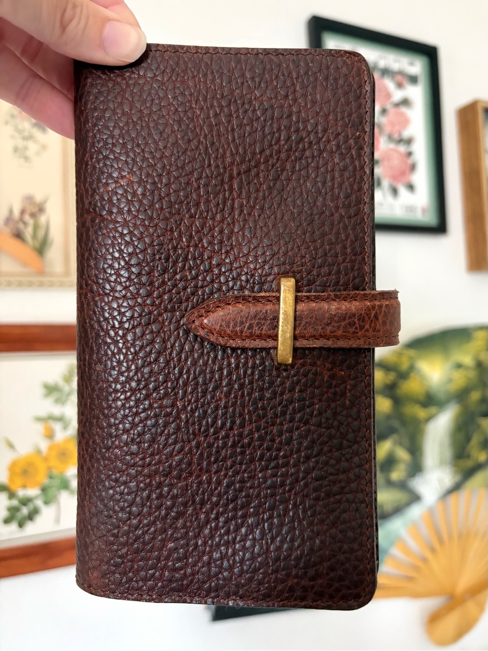 Vintage Handmade Dark Brown Pebbled Leather Long Bifold Wallet with Brass Accent